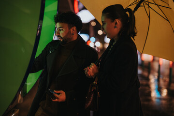 A couple uses an ATM on a rainy day. The man withdraws money while holding an umbrella. Business...