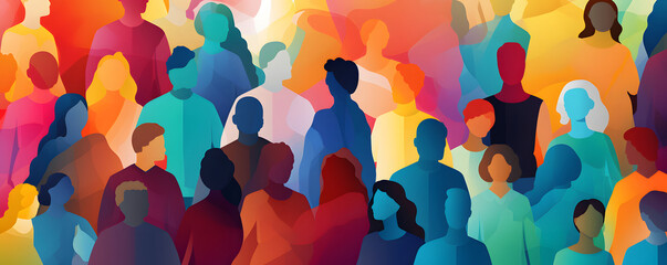 Inclusion and diversity concept expressed by an flat illustration of a colorful crowd of people.   - obrazy, fototapety, plakaty