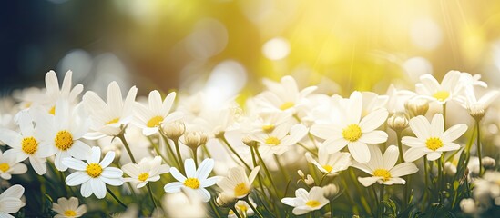 Belly flowers white flowers are blooming beautifully yellow petals can be seen between the flowers amazingly beautiful scenery full of green nature around open sky shining sun around