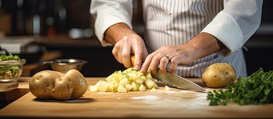 Before preparing the national dish the chef cuts raw potatoes into small pieces with a knife Close up of a cook hands while working in a restaurant kitchen. Copy space image - Powered by Adobe