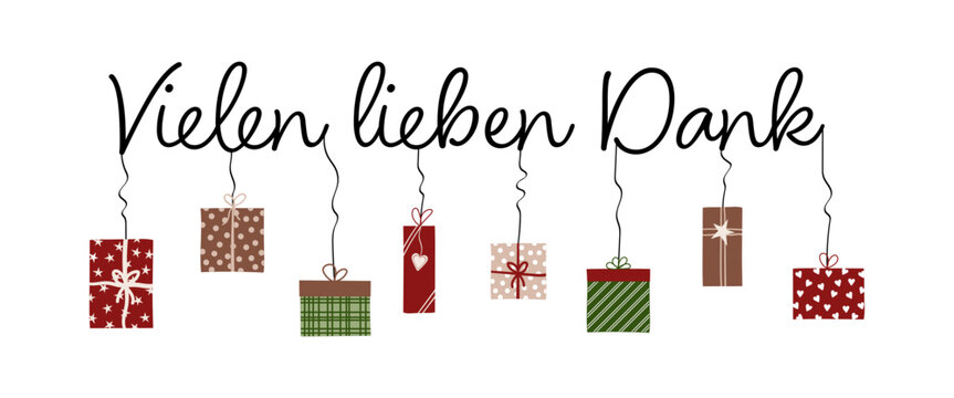 Vielen lieben Dank - Schriftzug in deutscher Sprache. Dankeskarte mit bunten Geschenkp&auml;ckchen.