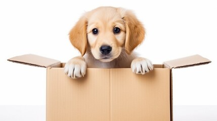 Fototapeta premium Little funny golden retriever puppy dog looks out of the box isolated on white background