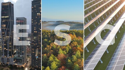 Environmental, social, and corporate governance (ESG) concept, split screen modern smart city,...