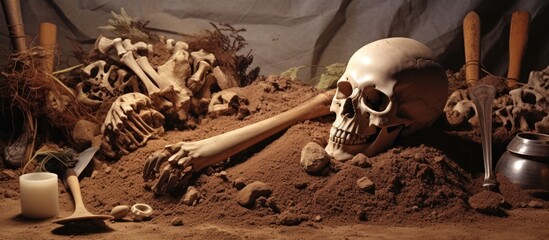 Archaeological excavations man and finds bones of a skeleton in a human burial working tool ruler a detail of ancient research prehistory. Copy space image. Place for adding text or design - obrazy, fototapety, plakaty