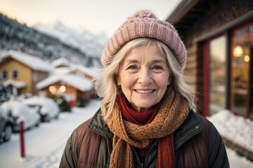 Holidays, christmas, winter and young people concept - smiling old lady or old man in warm clothes over snowy mountain street background