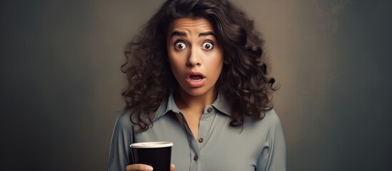 Beautiful hispanic woman using smartphone and drinking a cup of coffee in shock face looking skeptical and sarcastic surprised with open mouth. Copy space image. Place for adding text or design - obrazy, fototapety, plakaty