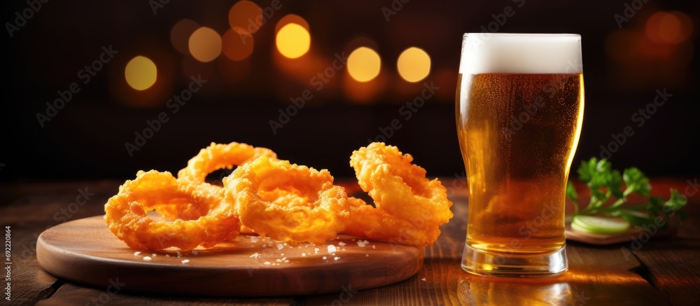 Poster basket of crispy onion rings with beer in the backgound. copy space image. place for adding text or 
