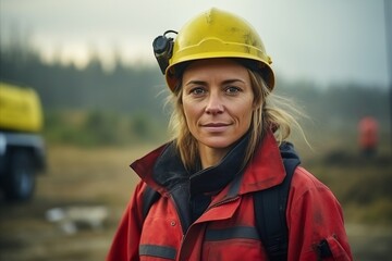 Portrait of a female construction worker with yellow helmet and red jacket