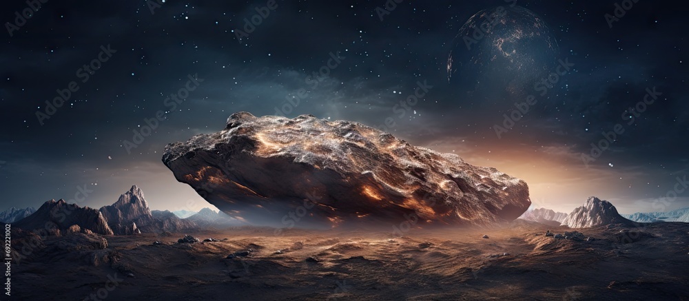 Poster alien rock with space background and a brown planet. copy space image. place for adding text or desi