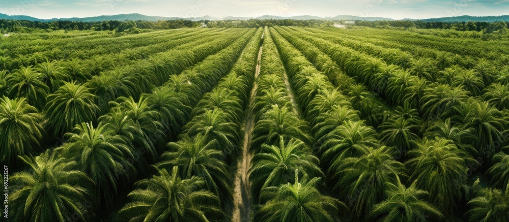 Poster arial view of palm plantation at east asia. copy space image. place for adding text or design