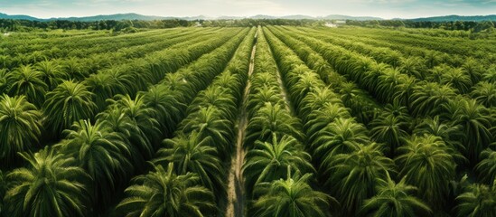 Arial view of palm plantation at east asia. Copy space image. Place for adding text or design - obrazy, fototapety, plakaty