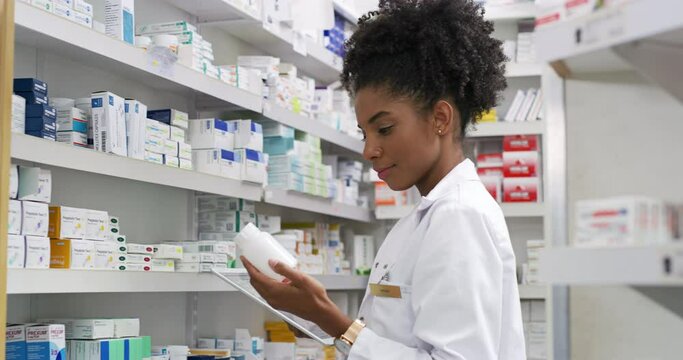 Pharmacist, woman and tablet by pharmacy shelf, medicine research and inventory management of sales or price. Professional worker or face of doctor typing on digital technology for medical store data