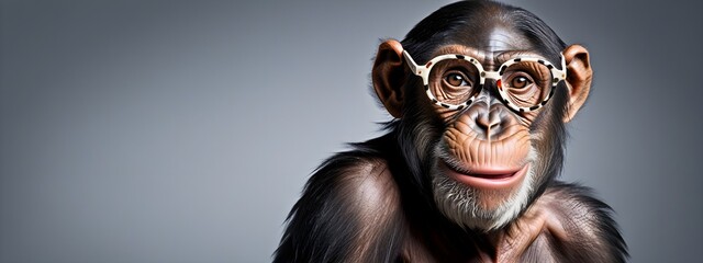Studio portrait of a chimpanzee wearing glasses on a simple and colorful background. Creative animal concept, chimpanzee on a uniform background for design and advertising.