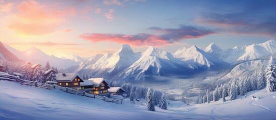 Beautiful view of snow covered houses in village Majestic mountain range against cloudy sky during sunset Holiday homes in alpine region during winter. Copy space image - Powered by Adobe