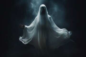 Female ghost rising up on dark background - obrazy, fototapety, plakaty