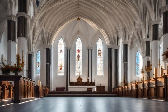 Craft an image portraying a minimalist church with a clean, unembellished facade, accentuating simplicity and purity of form in religious architecture