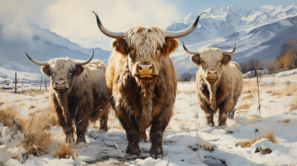 Herd of red brown Scottish highlanders in a natural winter landscape. Generative Ai