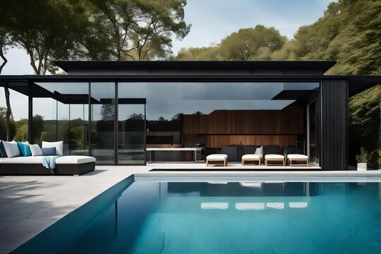 Generate an image showcasing a contemporary pool house with a geometrically designed pool, complemented by sleek furniture and a panoramic view of the horizon