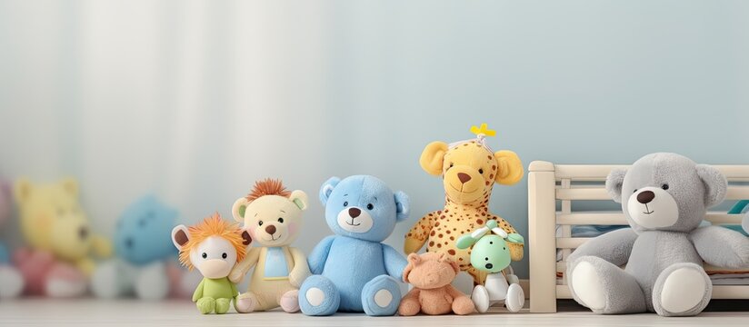 baby monitor camera between stuffed animals and toys on the crib shelf. Copy space image. Place for adding text or design