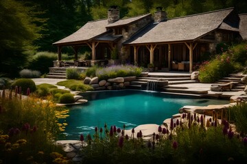 Fototapeta premium Craft an image featuring a rustic pool house overlooking a serene pond-like pool, surrounded by wildflowers and stone pathways leading to the water's edge