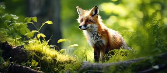 Amazing red fox in natural environment Carpathian forest Slovakia. Copy space image. Place for adding text or design