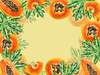 Marker frame and templates with sweet ripe slice of papaya with grains in watercolor style. Hand drawn realistic tasty organic illustration of exotic tropical fruit isolated on background. For d