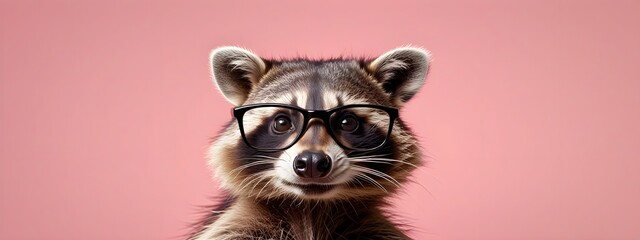 Studio portrait of a raccoon wearing glasses on a simple and colorful background. Creative animal concept, raccoon on a uniform background for design and advertising.