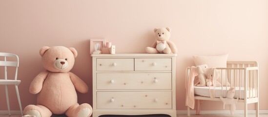 Baby s bedroom with commode and bear Pastel colors empty room. Copy space image. Place for adding text or design