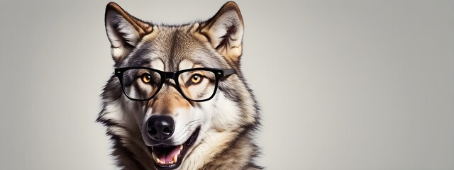 Fototapeta premium Studio portrait of a wolf wearing glasses on a simple and colorful background. Creative animal concept, wolf on a uniform background for design and advertising.