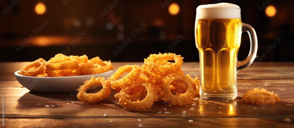 Poster basket of crispy onion rings with beer in the backgound. copy space image. place for adding text or 