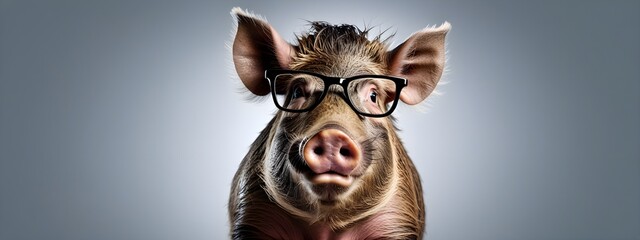 Studio portrait of a boar wearing glasses on a simple and colorful background. Creative animal concept, boar on a uniform background for design and advertising.