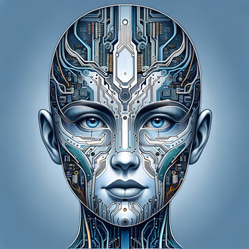 Illustration of an Artificial Intelligence Assistant with a Human Face and Integrated Circuitry

