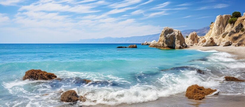 Best beaches of Cyprus Petra tou Romiou famous as a birthplace of Aphrodite. Copy space image. Place for adding text or design