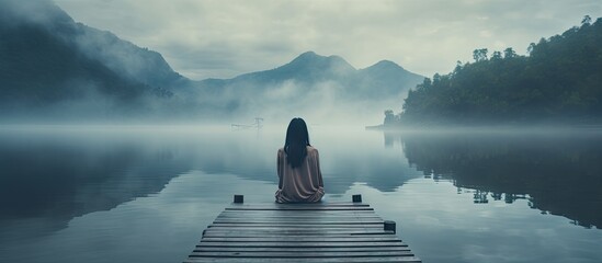 Back view of fashioned young woman sitting on wooden dock looking at view on a misty morning Female hipster with brown hat relaxes on the edge of jetty admiring foggy lake Wonderful nature geta - Powered by Adobe