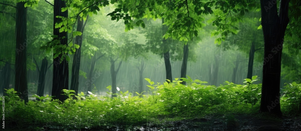 Poster beautiful heavy summer rain forest scene with green trees and raining. copy space image. place for a