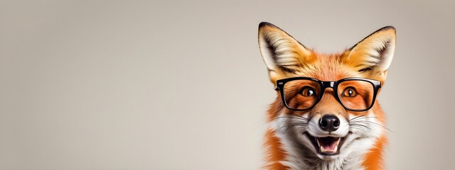 Studio portrait of a fox wearing glasses on a simple and colorful background. Creative animal concept, fox on a uniform background for design and advertising.