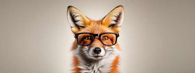Studio portrait of a fox wearing glasses on a simple and colorful background. Creative animal concept, fox on a uniform background for design and advertising.