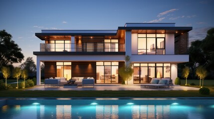 Modern house exterior in white color with swimming pool and garden at dusk. 3d rendering of a modern cozy house with pool and parking for sale or rent in luxurious style and future concept - obrazy, fototapety, plakaty
