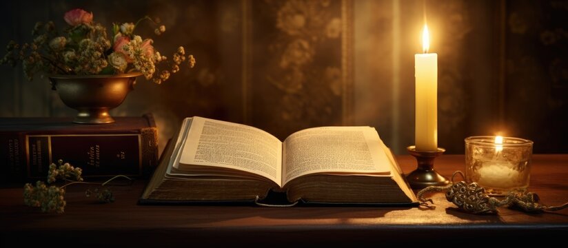 Antique Holy Bible sacred Christian religious book and rare old prayer books with vintage magnifier for religion and gospel study lit by soft glowing candle light. Copy space image