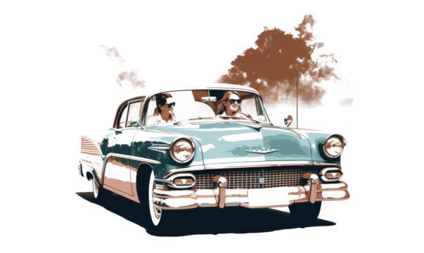 halftone vintage image of passengers in a car with a white background
