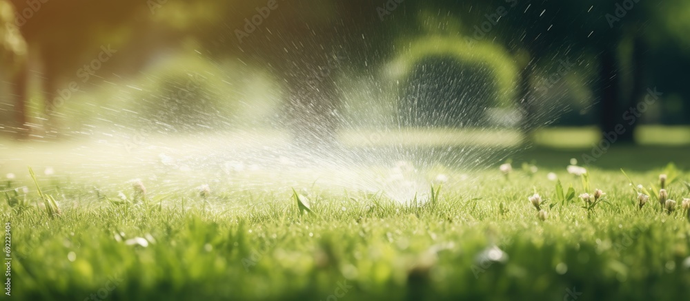 Poster automatic sprinkler lawn watering system water in motion blur. copy space image. place for adding te