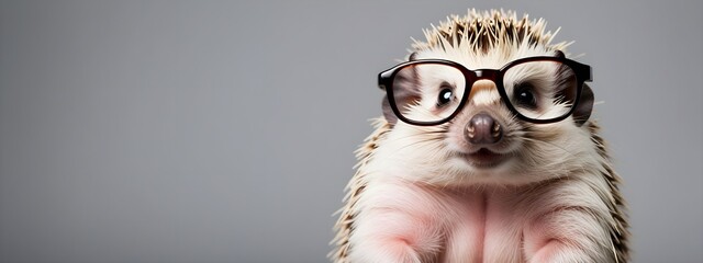 Studio portrait of a hedgehog wearing glasses on a simple and colorful background. Creative animal concept, hedgehog on a uniform background for design and advertising. - obrazy, fototapety, plakaty