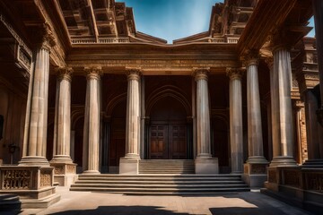 Fototapeta premium Craft an image featuring a grand entryway with intricately carved wooden doors, flanked by towering columns and ornate stone arches