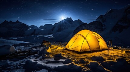 Illuminated Camping Yellow Tent on snow at Night in High Altitude Alpine Landscape