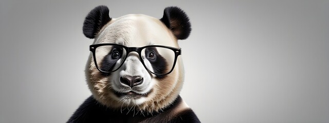 Studio portrait of a panda wearing glasses on a simple and colorful background. Creative animal concept, panda on a uniform background for design and advertising.