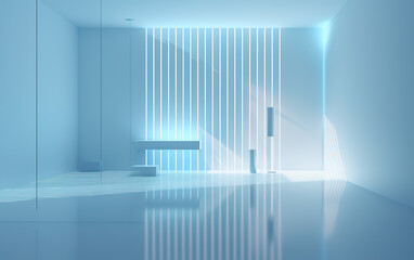 minimalistic blue background for presentation. A light blue wall in the interior with beautiful built-in lighting and a smooth floor.