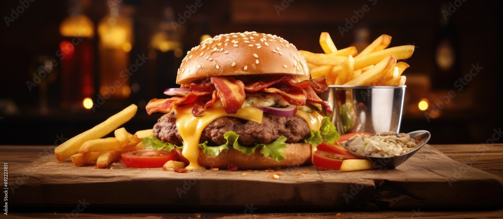 Poster bacon cheeseburger on toasted pretzel bun served with fries and beer shot with selective focus. copy