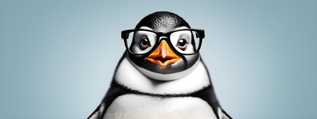 Studio portrait of a penguin wearing glasses on a simple and colorful background. Creative animal concept, penguin on a uniform background for design and advertising. - obrazy, fototapety, plakaty