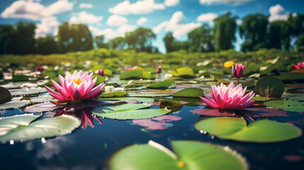 Pink lotus flowers, water lilies close-up on water surface,  macro, selective focus, blurred green leaf background. Floral background. Aquatic plants