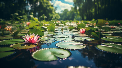 Pink lotus flowers, water lilies close-up on water surface,  macro, selective focus, blurred green leaf background. Floral background. Aquatic plants - obrazy, fototapety, plakaty